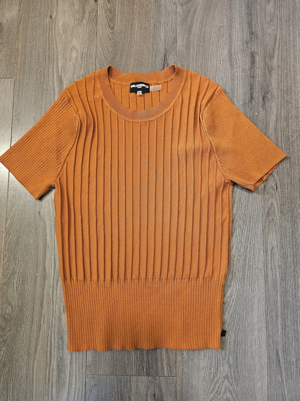 Karl Lagerfeld Women's Short-Sleeve Ribbed Crewneck in Orange